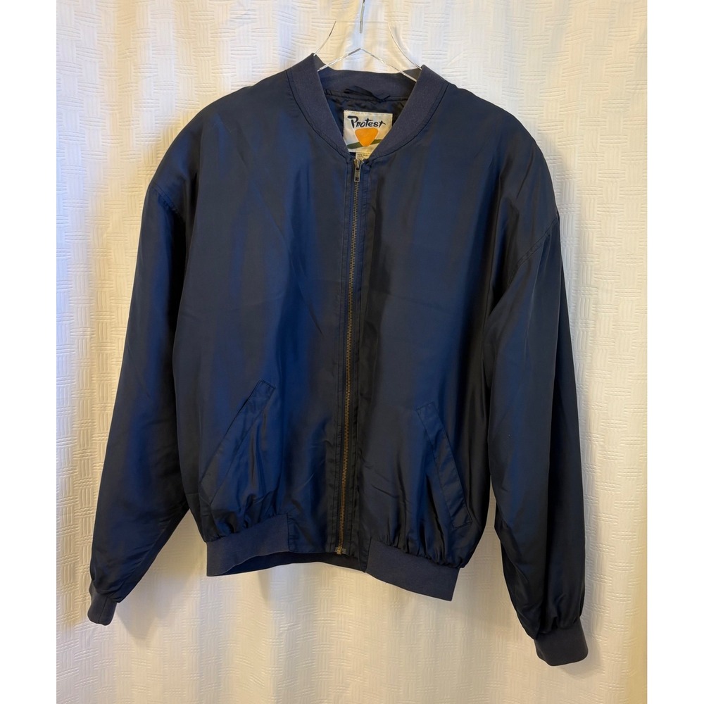 Vintage Protest‎ Silk Bomber Jacket Mens Medium Navy Blue Full Zip Quilted Lined